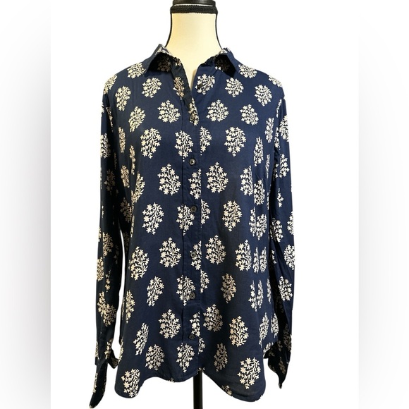 J. Crew Dark Blue Shirt with White Floral Design - Picture 1 of 7